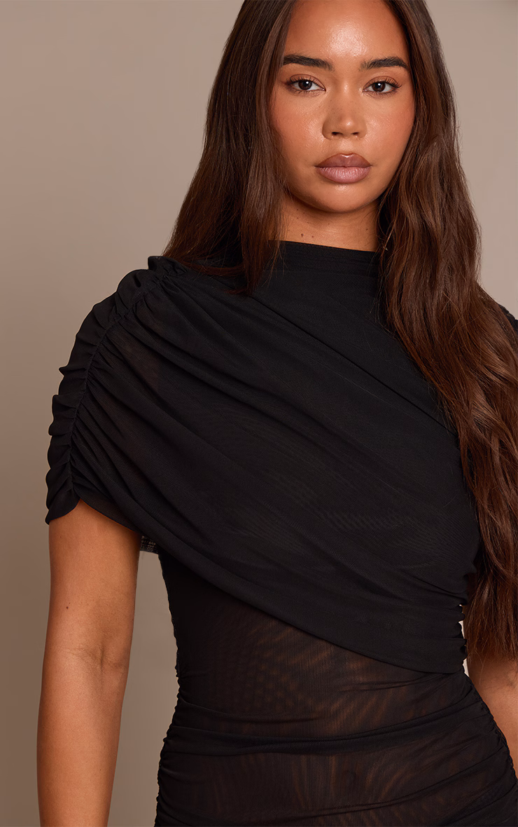 Black Mesh Overlay Ruched Short Sleeve Mini Dress