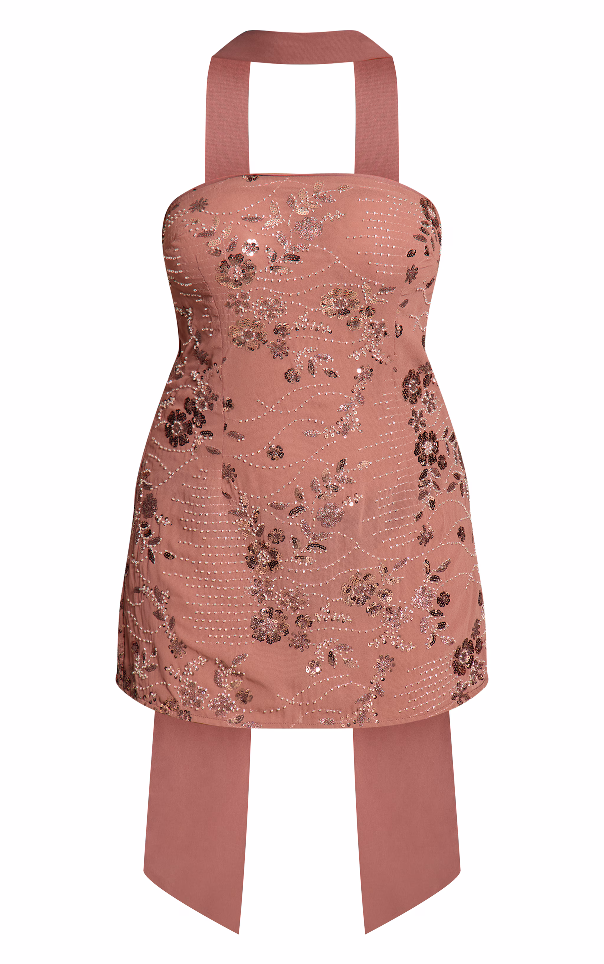 Shape Taupe Sequin Floral Scarf Detail Bandeau Mini Dress