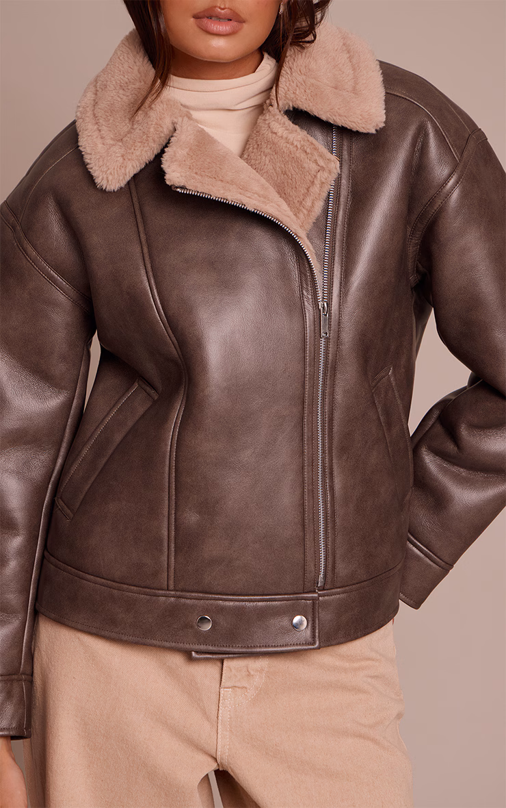 Brown Borg Collar Faux Leather Aviator