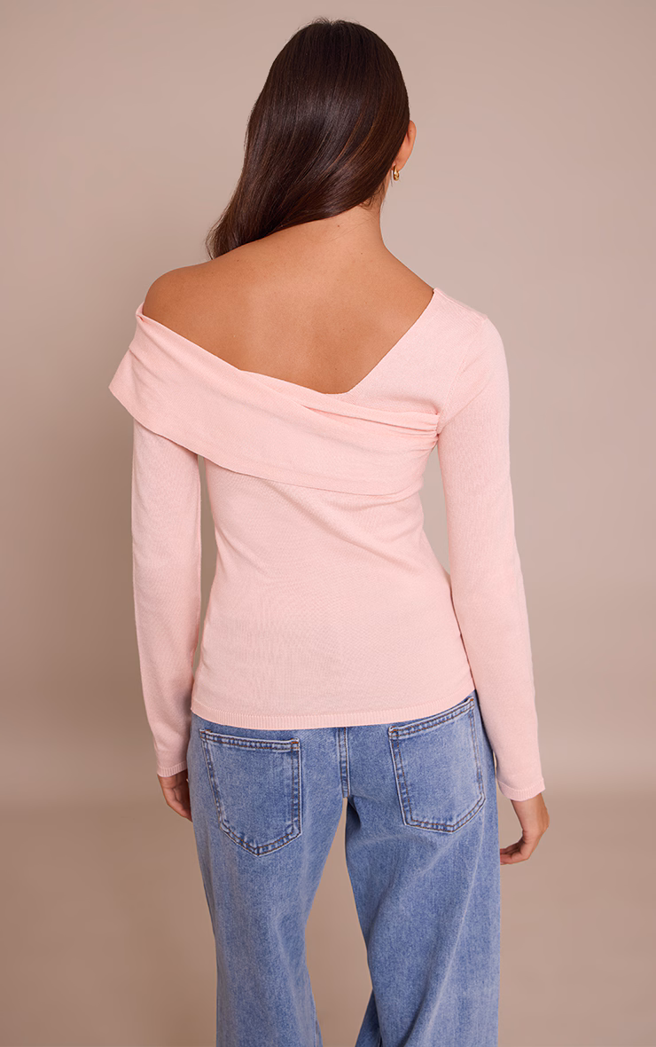 Pink Long Sleeve Asymmetric Shoulder Knitted Top