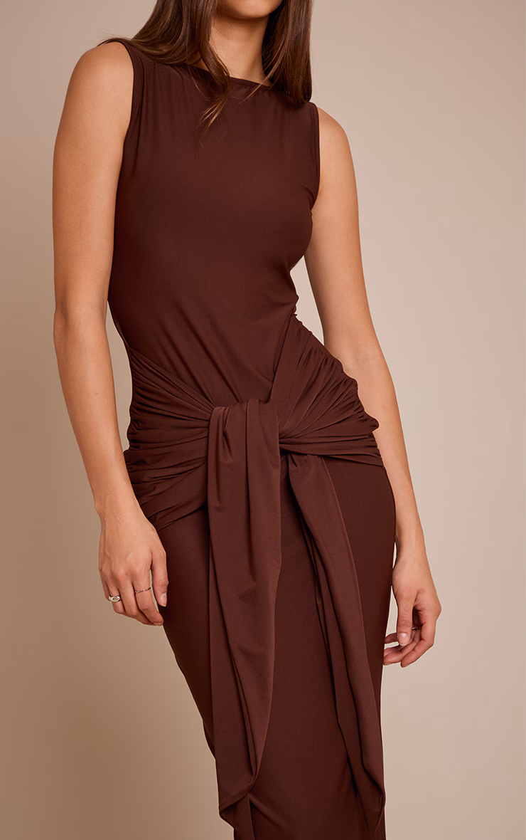 Chocolate Jersey Boat Neck Wrap Detail Maxi Dress