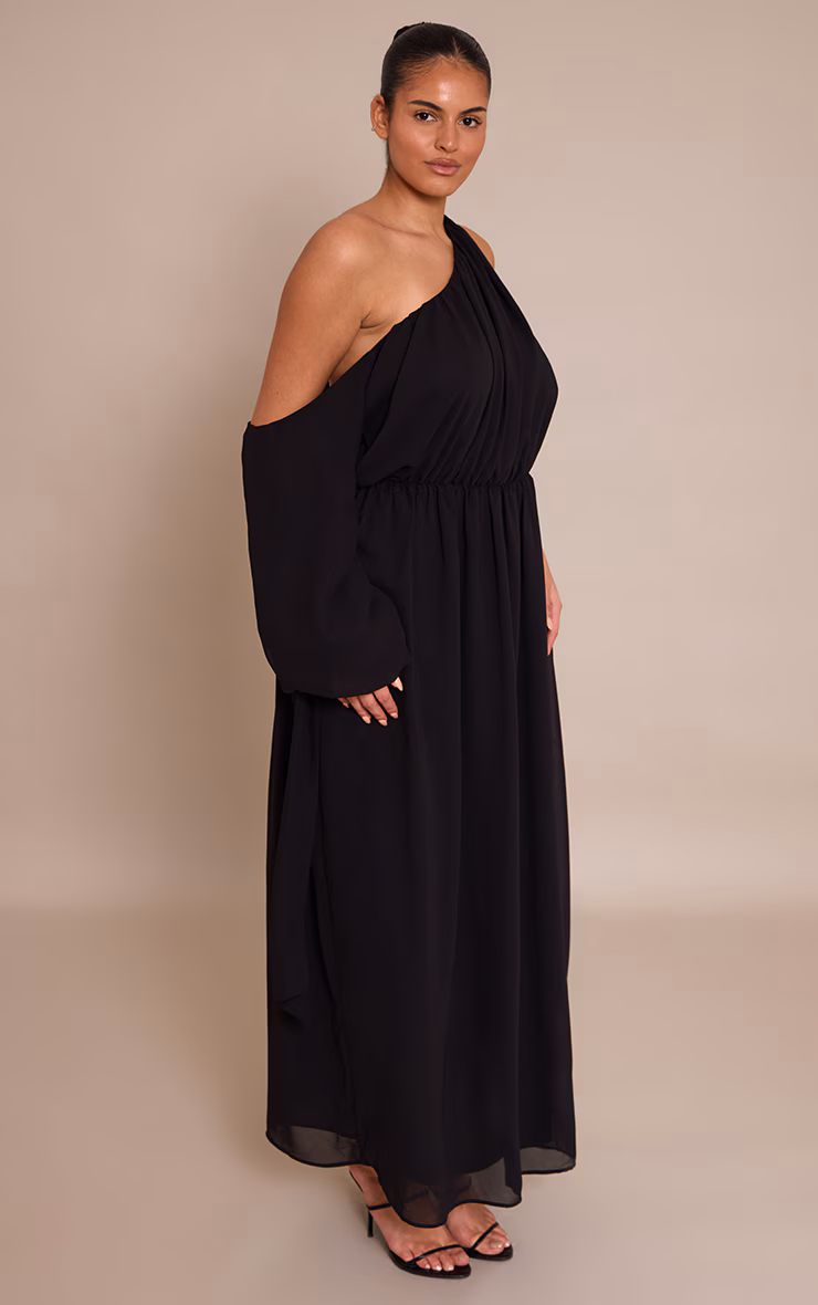 Plus Black Chiffon Drape Long Sleeve Maxi Dress