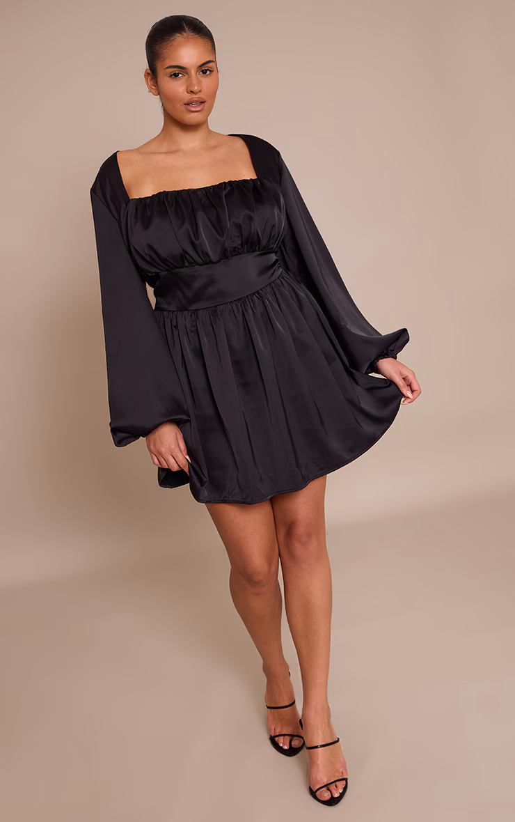 Plus Black Satin Ruched Cup Puff Sleeve Mini Dress