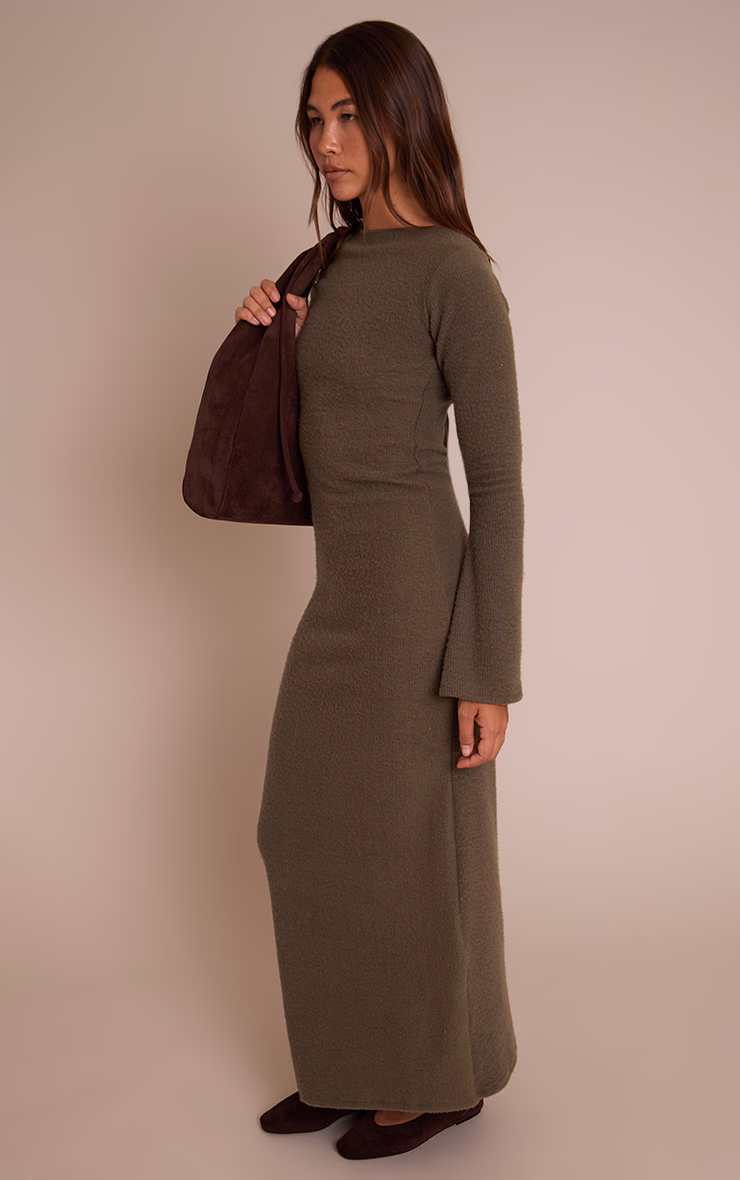 Khaki Brushed Tie Back Long Sleeve Maxi Dress