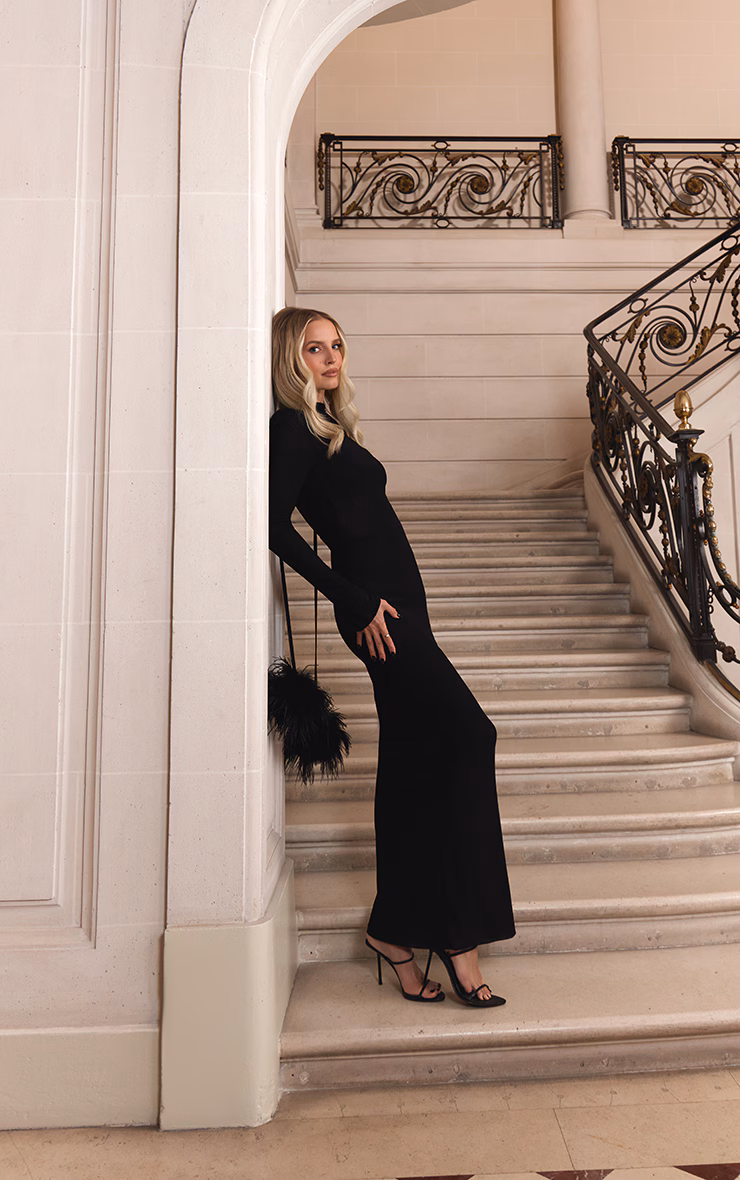 Premium Black Mesh Feather Pom Pom Open Back Maxi Dress