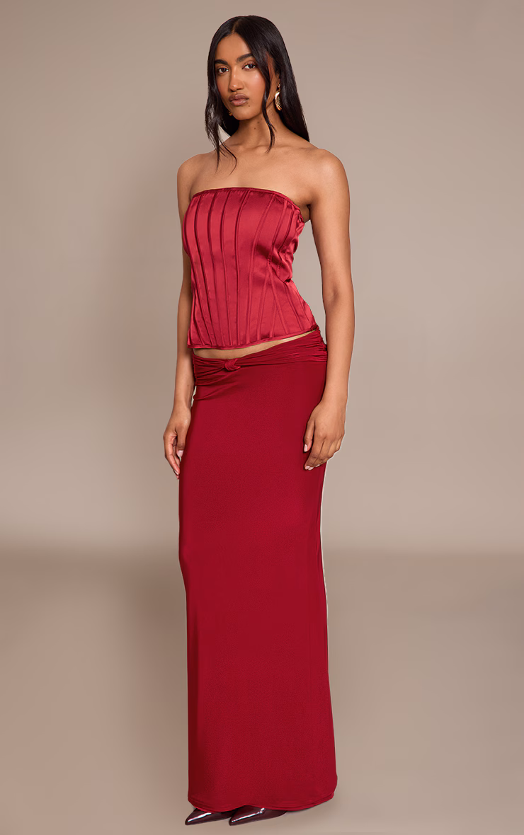 Wine Slinky Knot Fold Over Detail Maxi Skirt