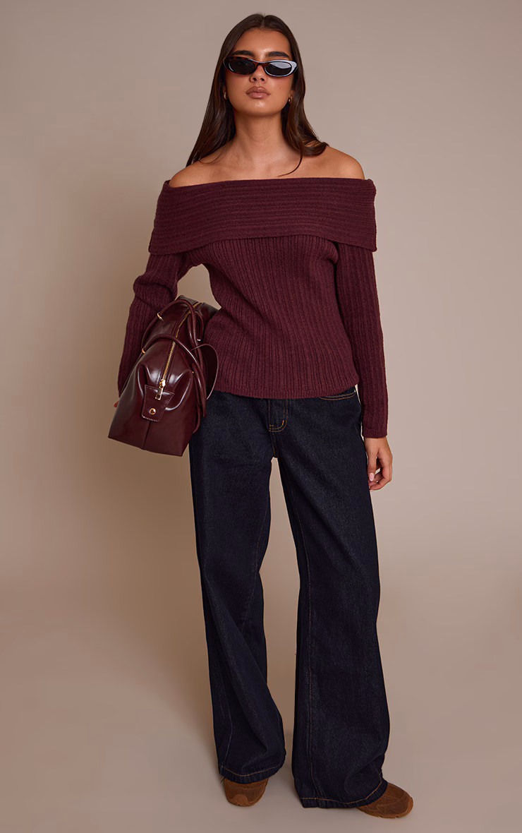 Burgundy Off The Shoulder Knit Long Sleeve Top