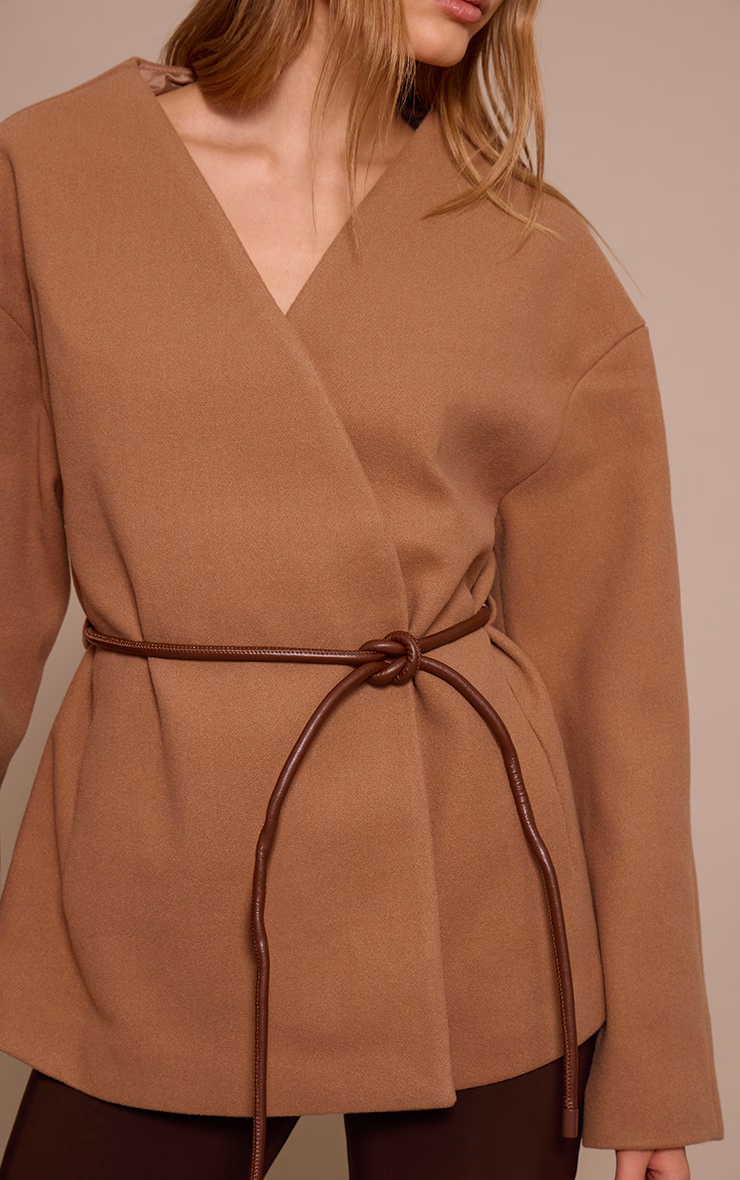 Camel Collarless Wrap Style Tie Waist Wool Look Coat