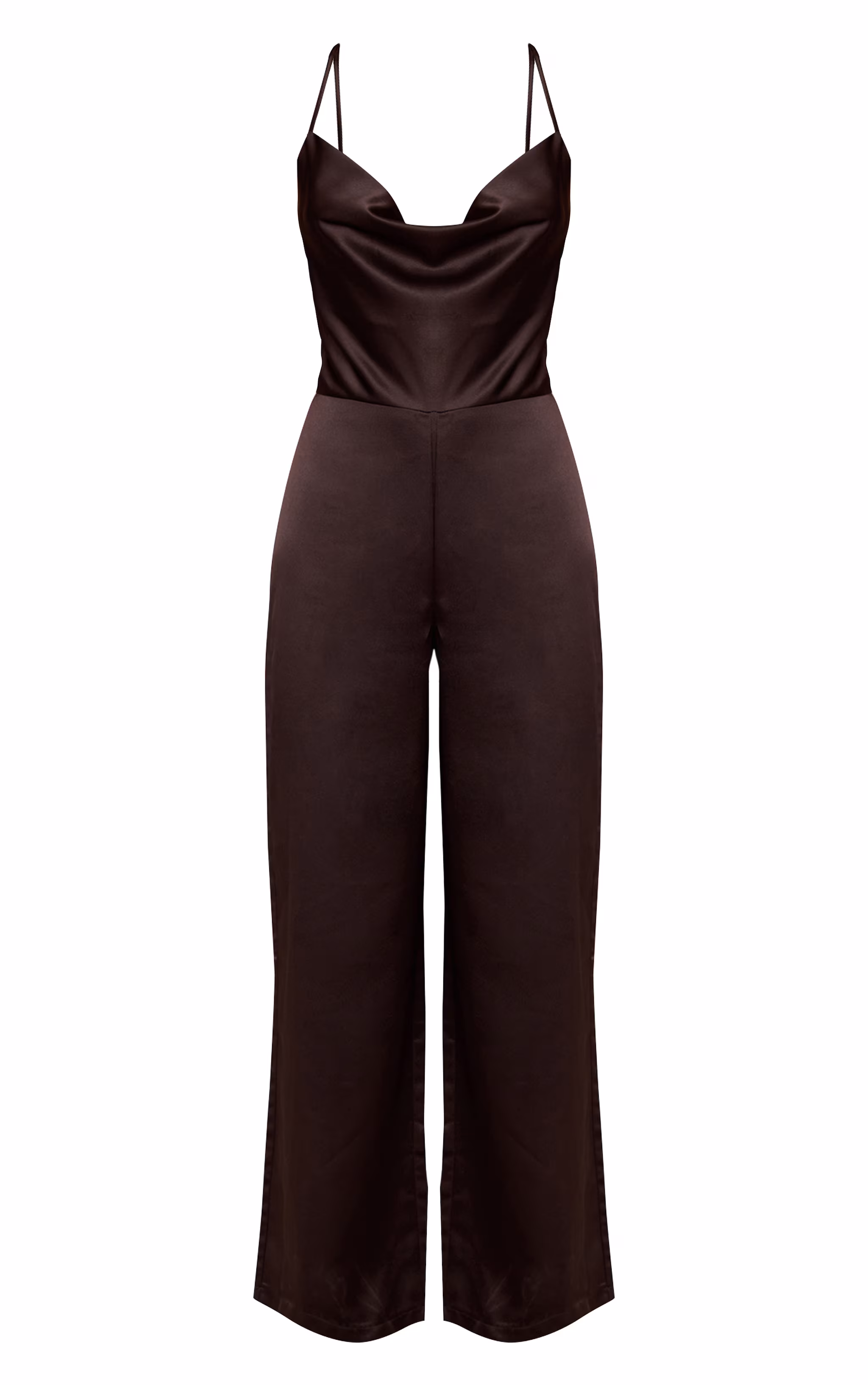 Chocolate Satin Cowl Cross Back Jumpsuit