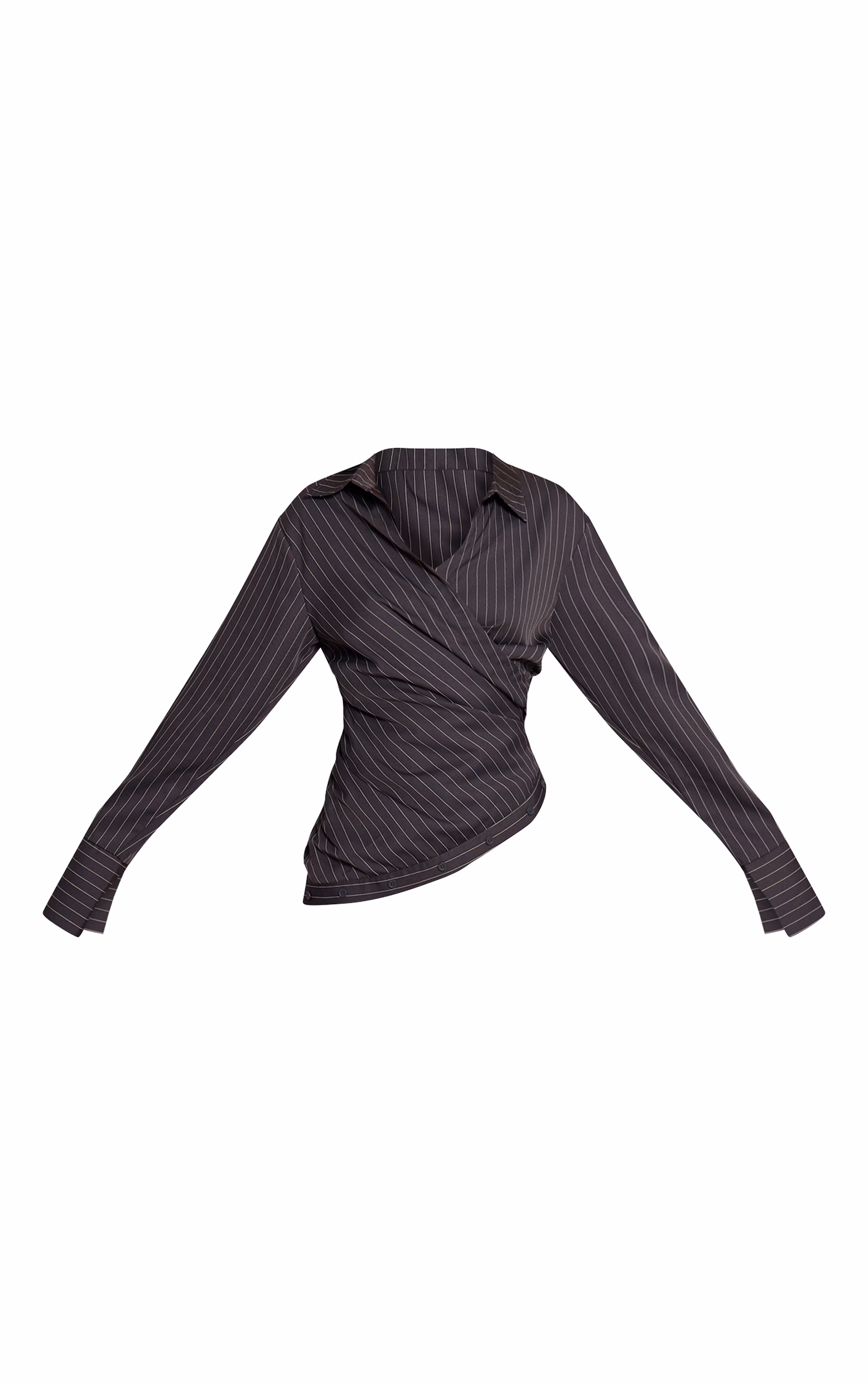 Grey Pinstripe Ruched Wrap Detail Long Sleeve Shirt