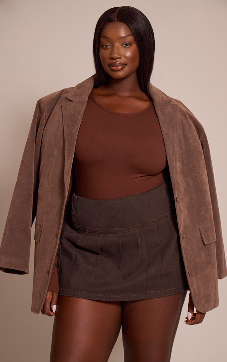 Plus Dark Chocolate Floaty Pleated Denim Mini Skirt