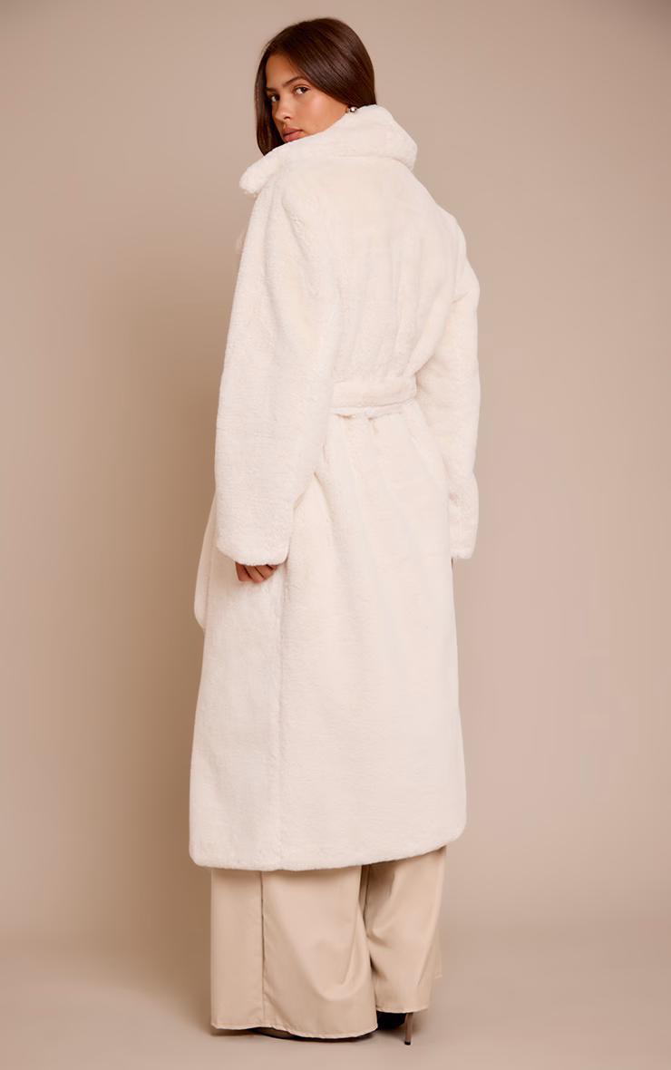 Cream Faux Fur Tie Waist Maxi Coat