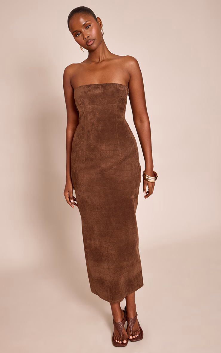 Chocolate Faux Suede Bandeau Bodycon Midaxi Dress