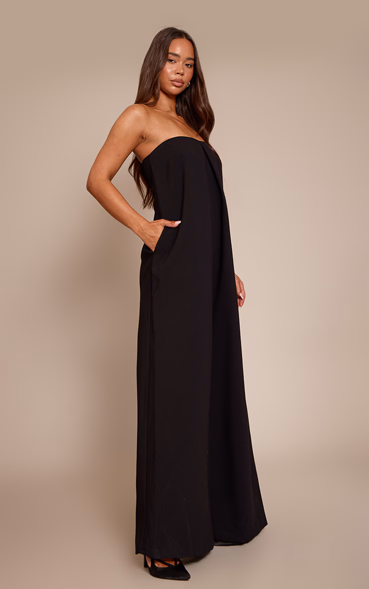 PLT Label Black Pleat Detail Bandeau Wide Leg Jumpsuit