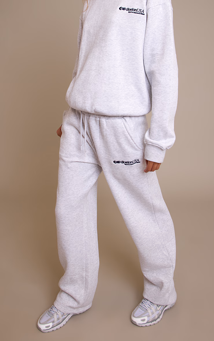 Ash Grey Wide Leg Boston Usa Embroidered Sweatpants