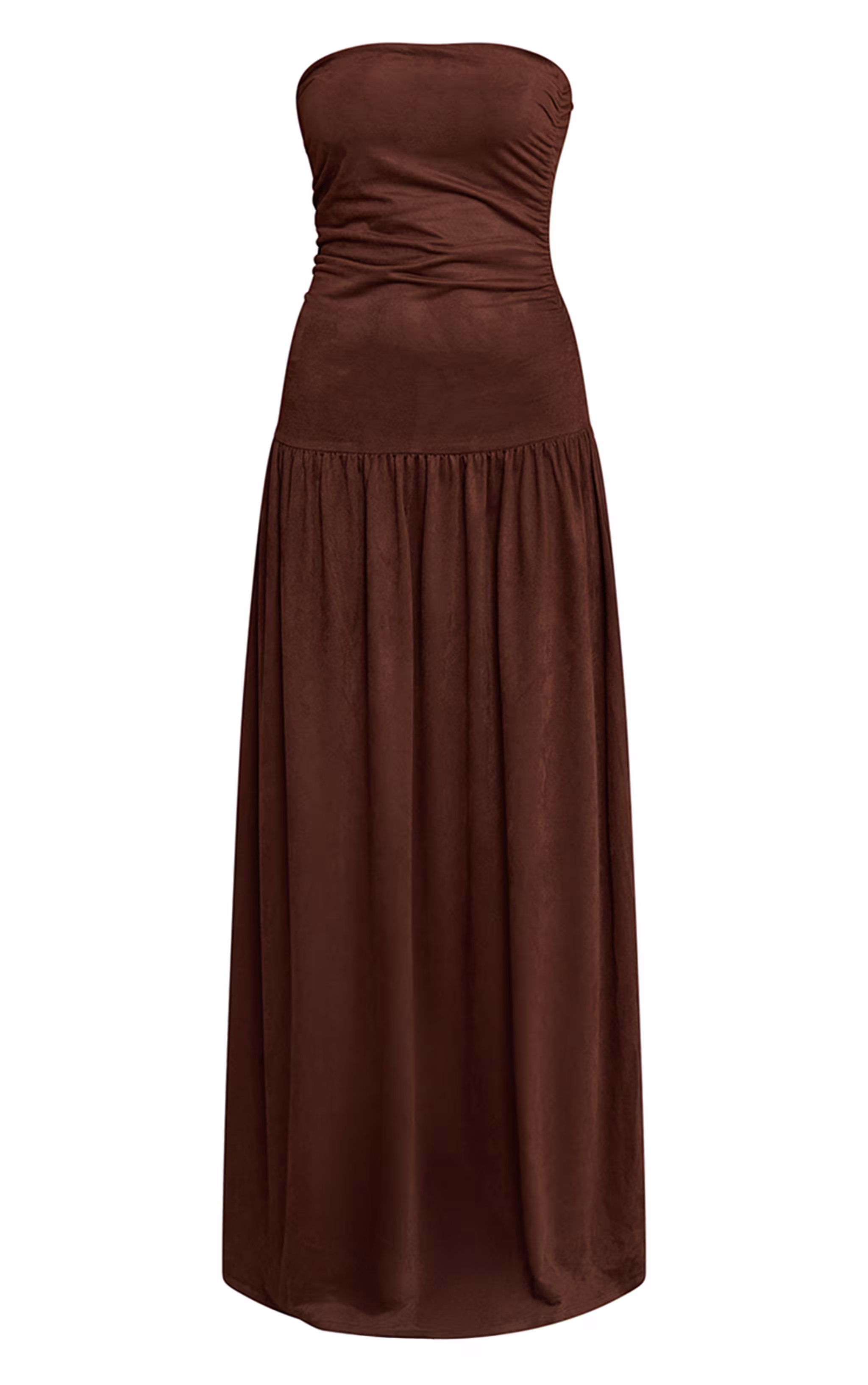 Chocolate Faux Suede Bandeau Dropped Waist Maxi Dress