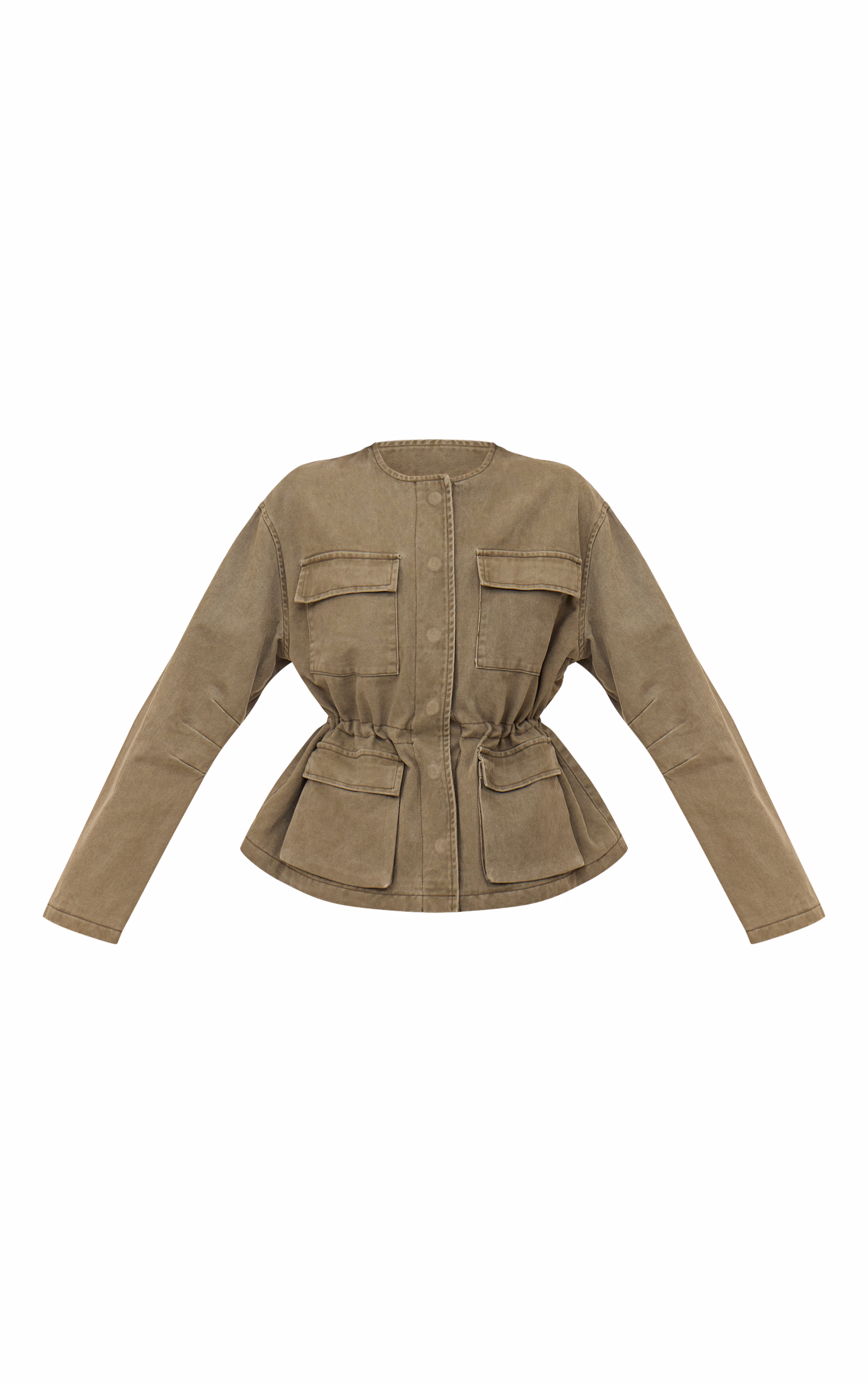 Olive Round Neck Pocket Front Cinch Denim Jacket