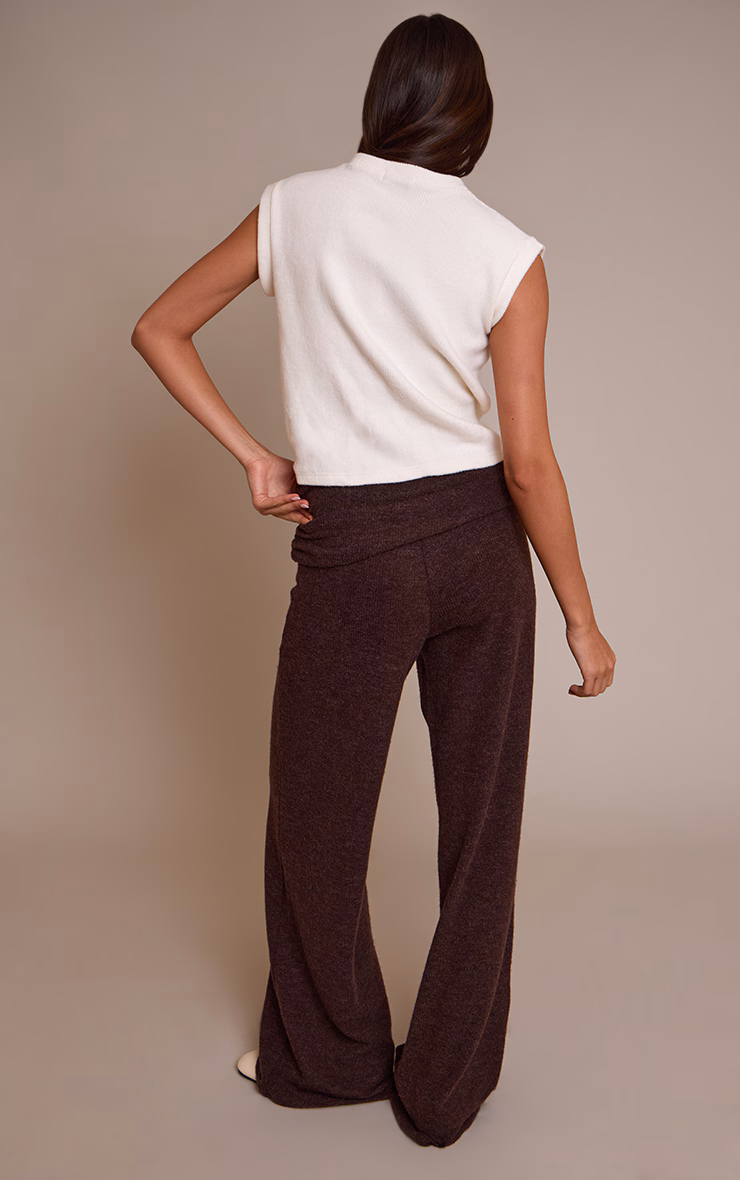 Chocolate Wool Look Fold Over Straight Leg Pants
