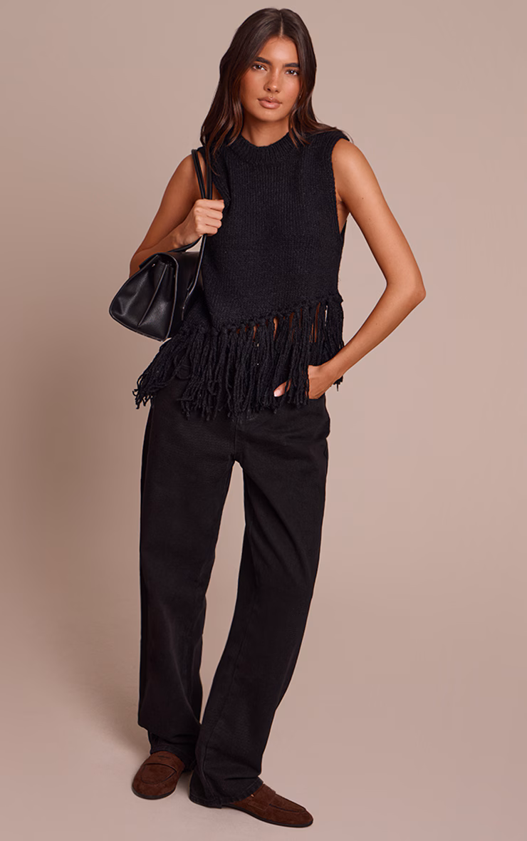 Black Sleeveless Fringe Detail Sweater