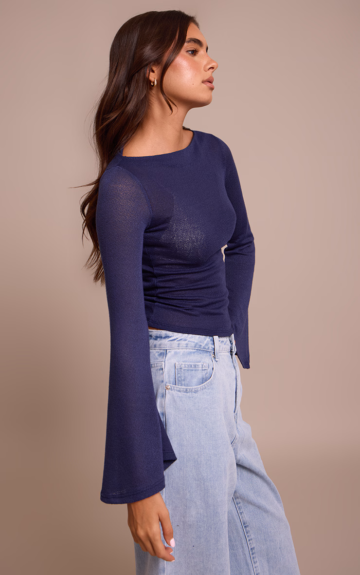Navy Textured Extreme Flute Sleeve Long Top