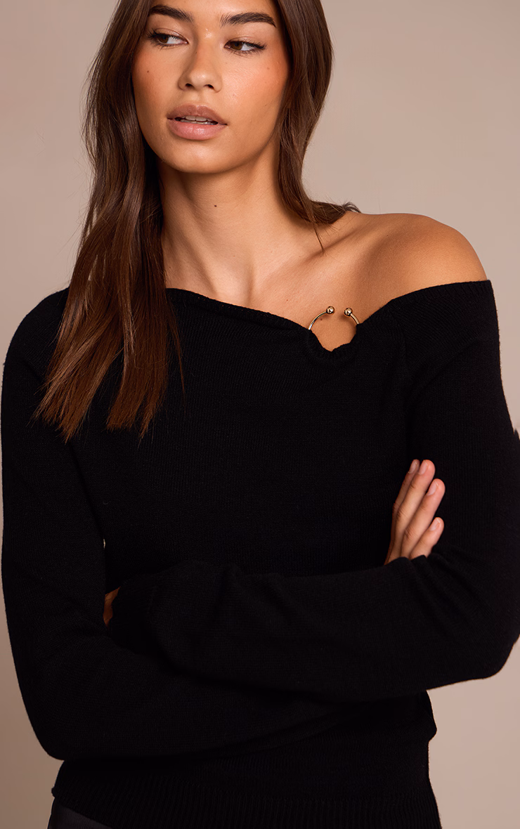 Black Cinched Waist Off The Shoulder Trim Detail Top