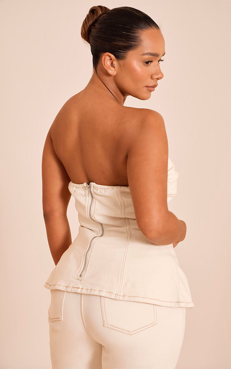 Shape Ecru Stretch Denim Ruched Bust Peplum Top