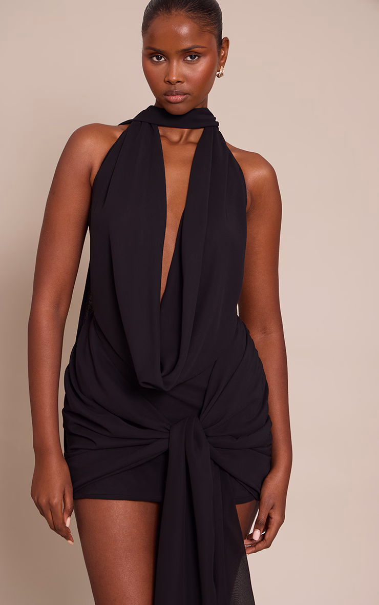 Black Woven Wrap Halterneck Mini Dress