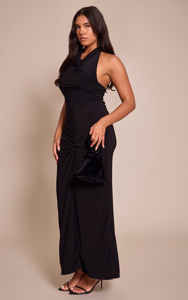 Shape Black Halter Neck Tie Back Gold Trim Cowl Maxi Dress