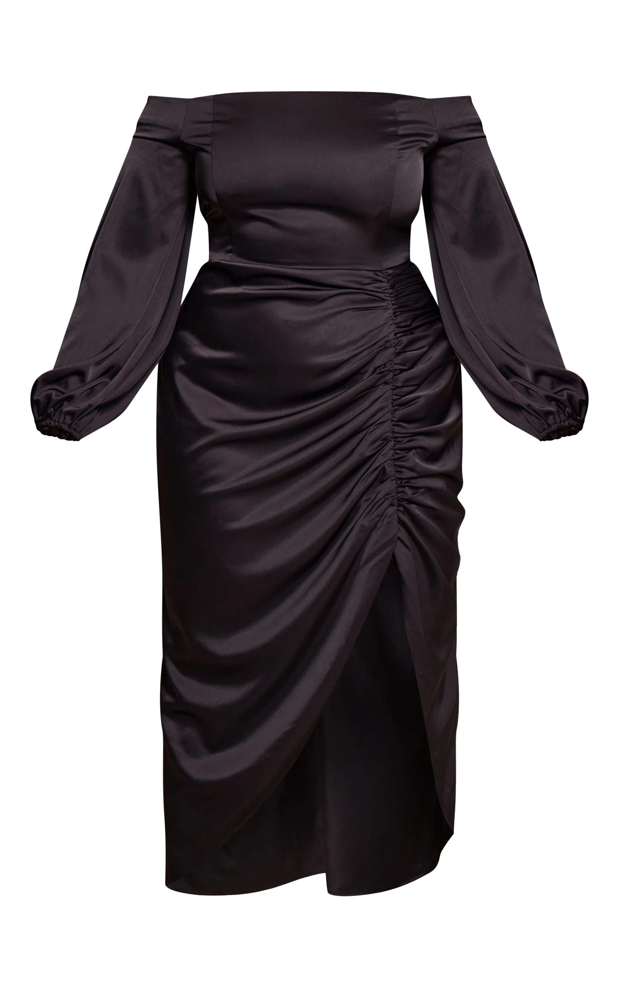 Plus Black Satin Bardot Ruched Side Midi Dress