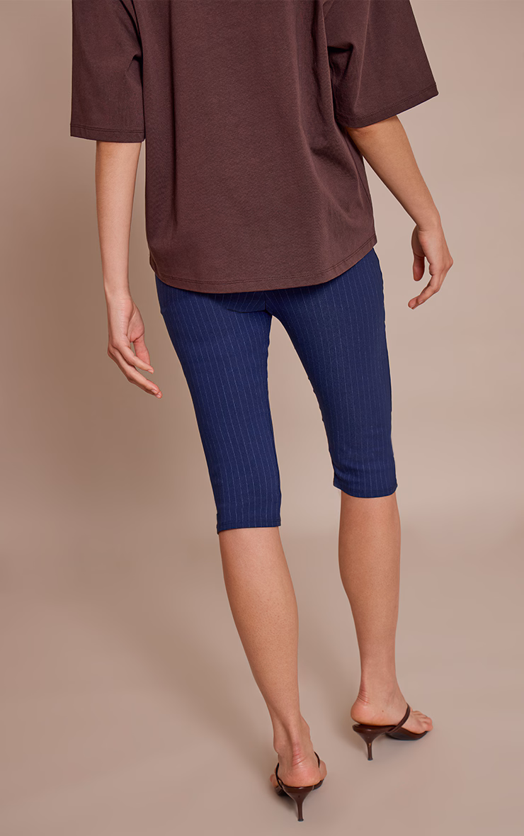 Navy Pinstripe Stretch Woven Placket Detail Capri's