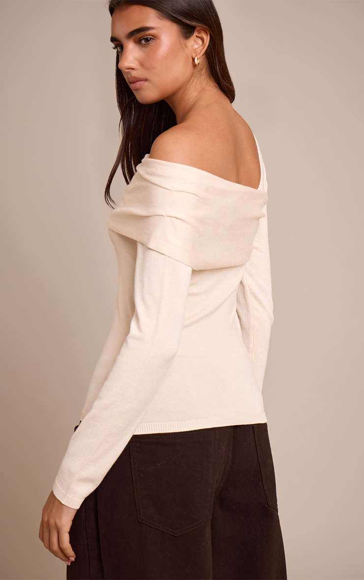 Cream Long Sleeve Asymmetric Shoulder Knitted Top