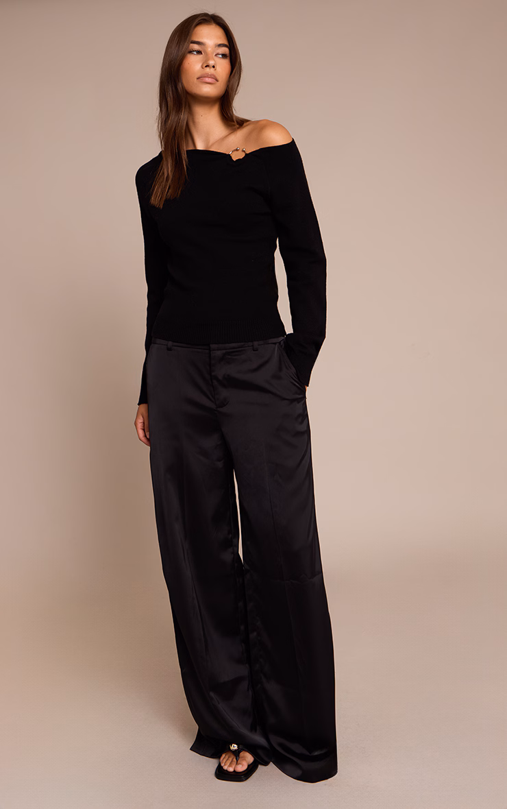 Black Cinched Waist Off The Shoulder Trim Detail Top