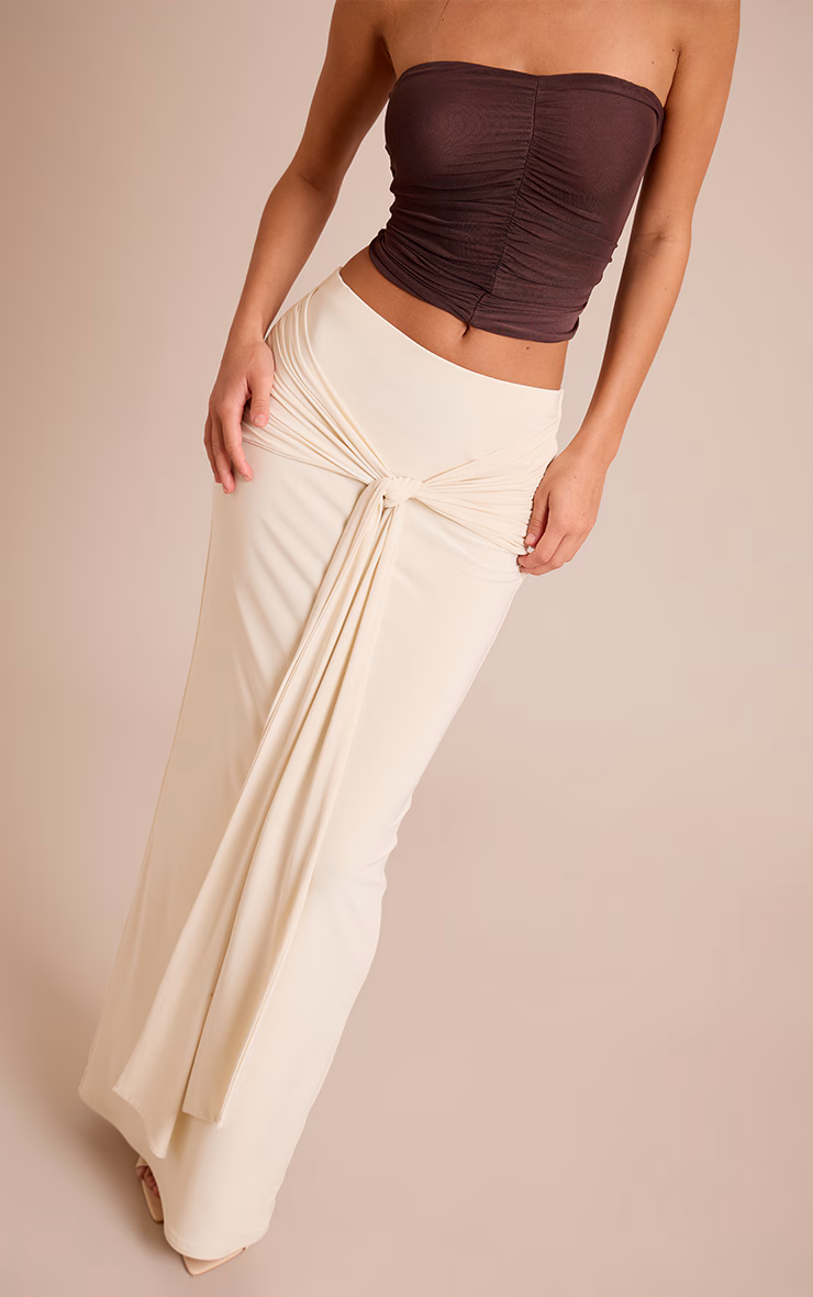 Cream Slinky Knot Detail Maxi Skirt