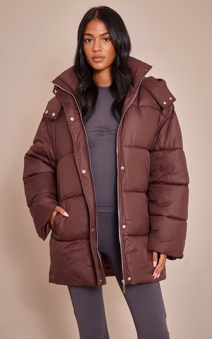 Tall Chocolate Oversized Hooded Puffer Jacket