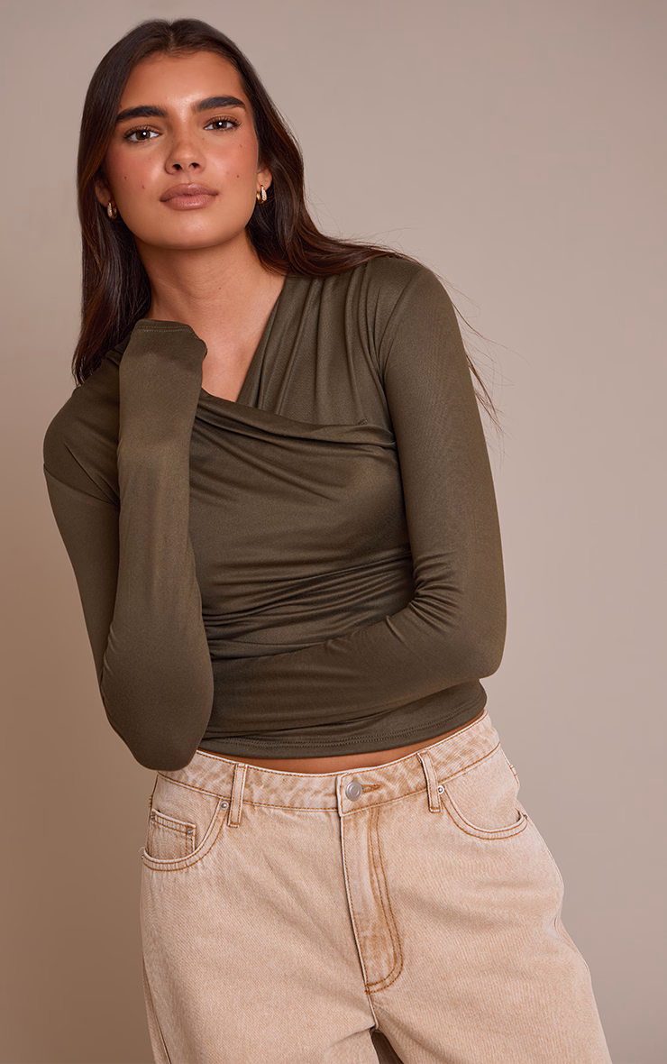 Olive Soft Touch Ruched Front Detail Long Sleeve Top