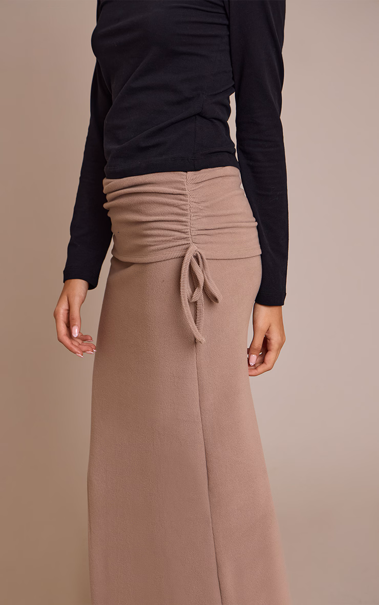 Sand Brushed Rib Ruched Detail Maxi Skirt