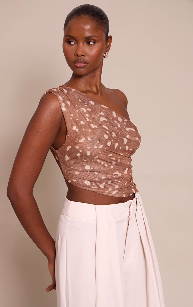 Printed Mesh Asymmetric One Shoulder Top