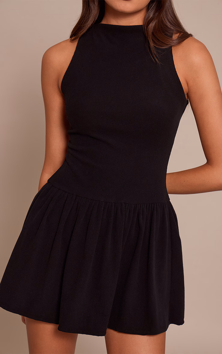 Black Ribbed High Neck Sleeveless Shift Dress