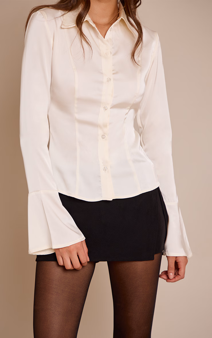Cream Satin Flared Sleeve Fitted Shirt