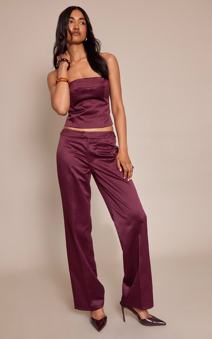 Dark Wine Satin low Rise Straight Leg Pants