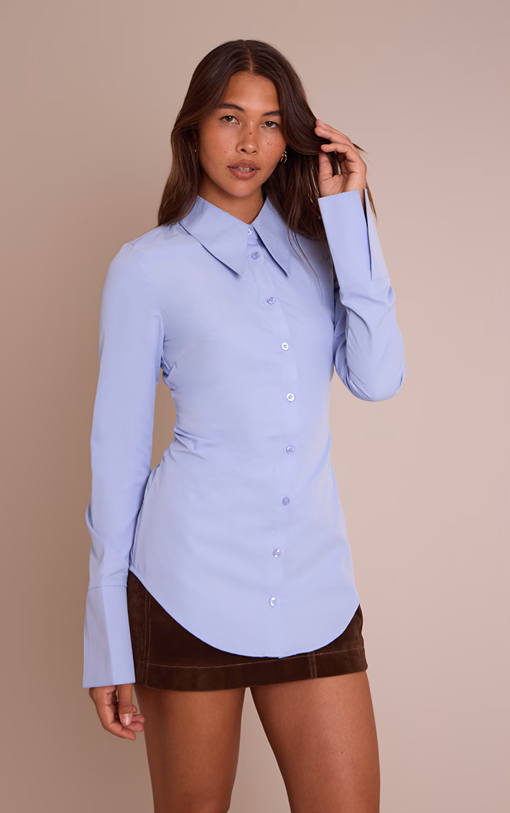 PLT Label Blue Oversized Collar Button Down Fitted Shirt