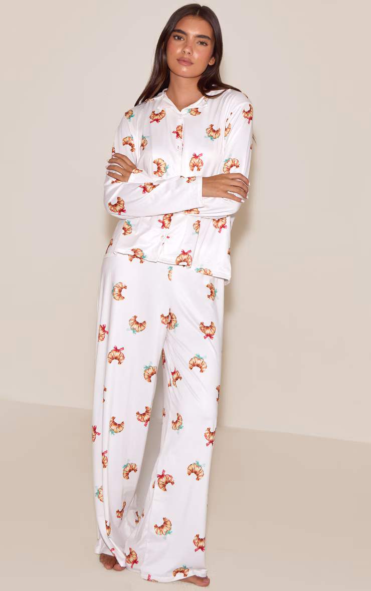 Cream Bow Croissant Long Sleeve Button Through PJ Set