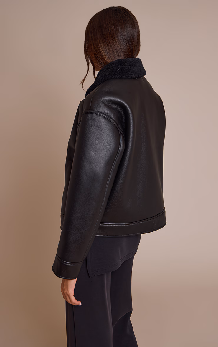 Black Borg Collar Faux Leather Aviator