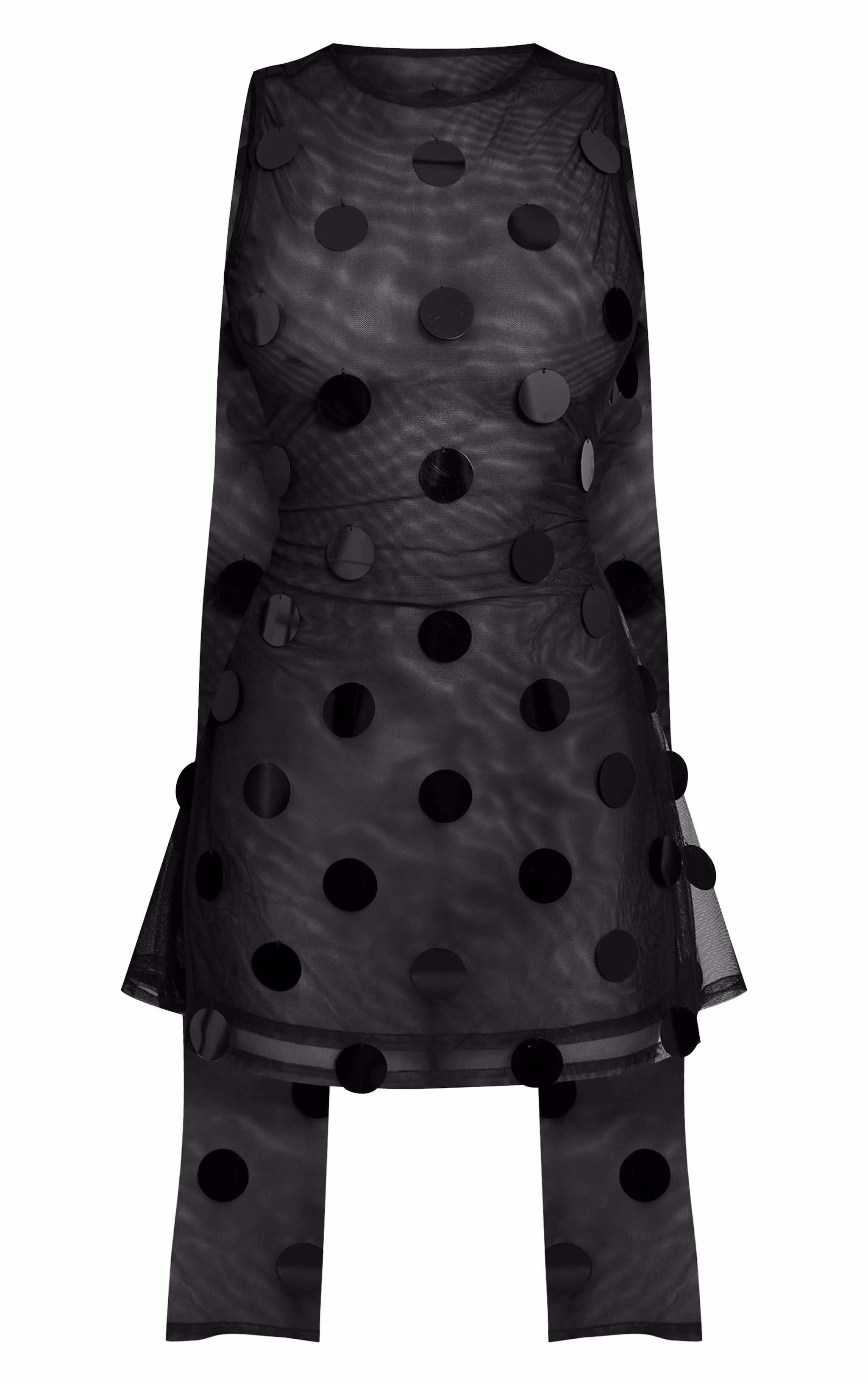 Premium Black Sheer Disc Sequin Drape Detail Mini Dress