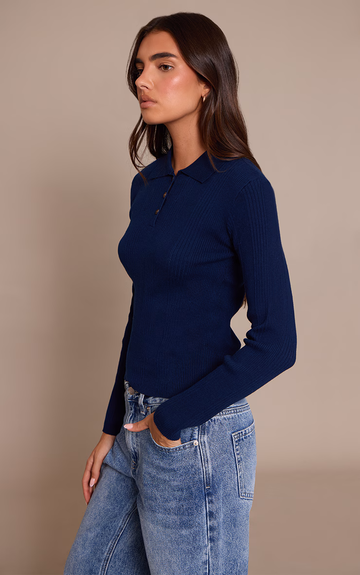 Navy Ribbed Knit Long Sleeved Polo Top