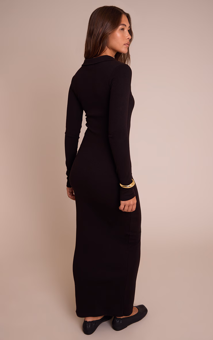 Black Ribbed Button Down Collar Detail Long Sleeve Maxi Dress
