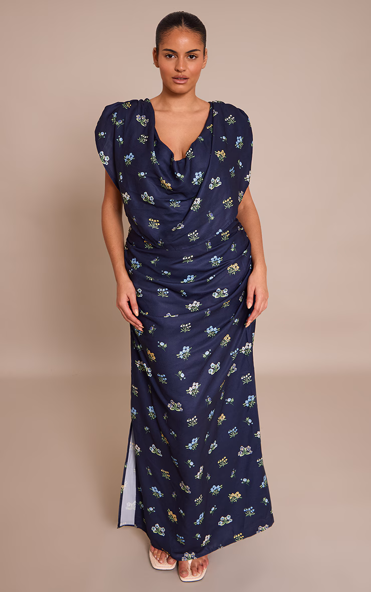 Plus Navy Floral Extreme Cowl Ruched Detail Maxi Dress