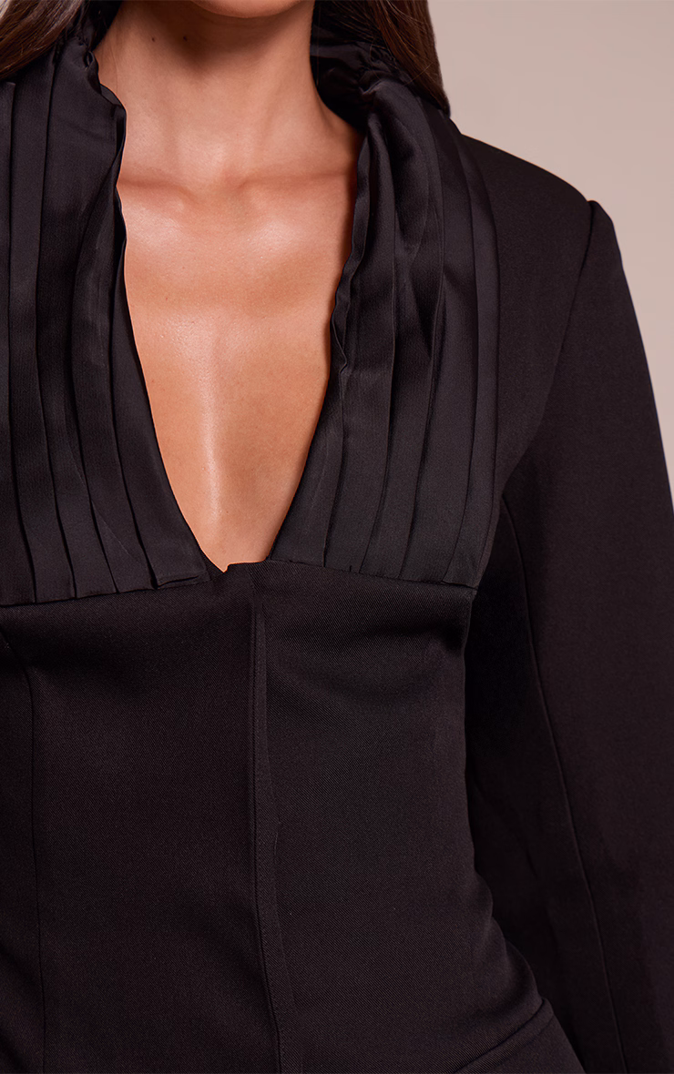 Black Woven Pleated Detail Blazer Dress