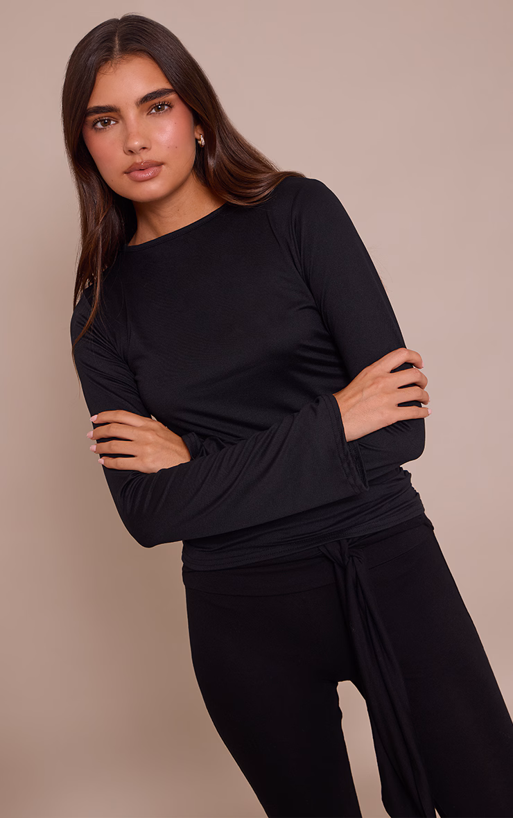 Black Soft Jersey Flared Long Sleeve Top