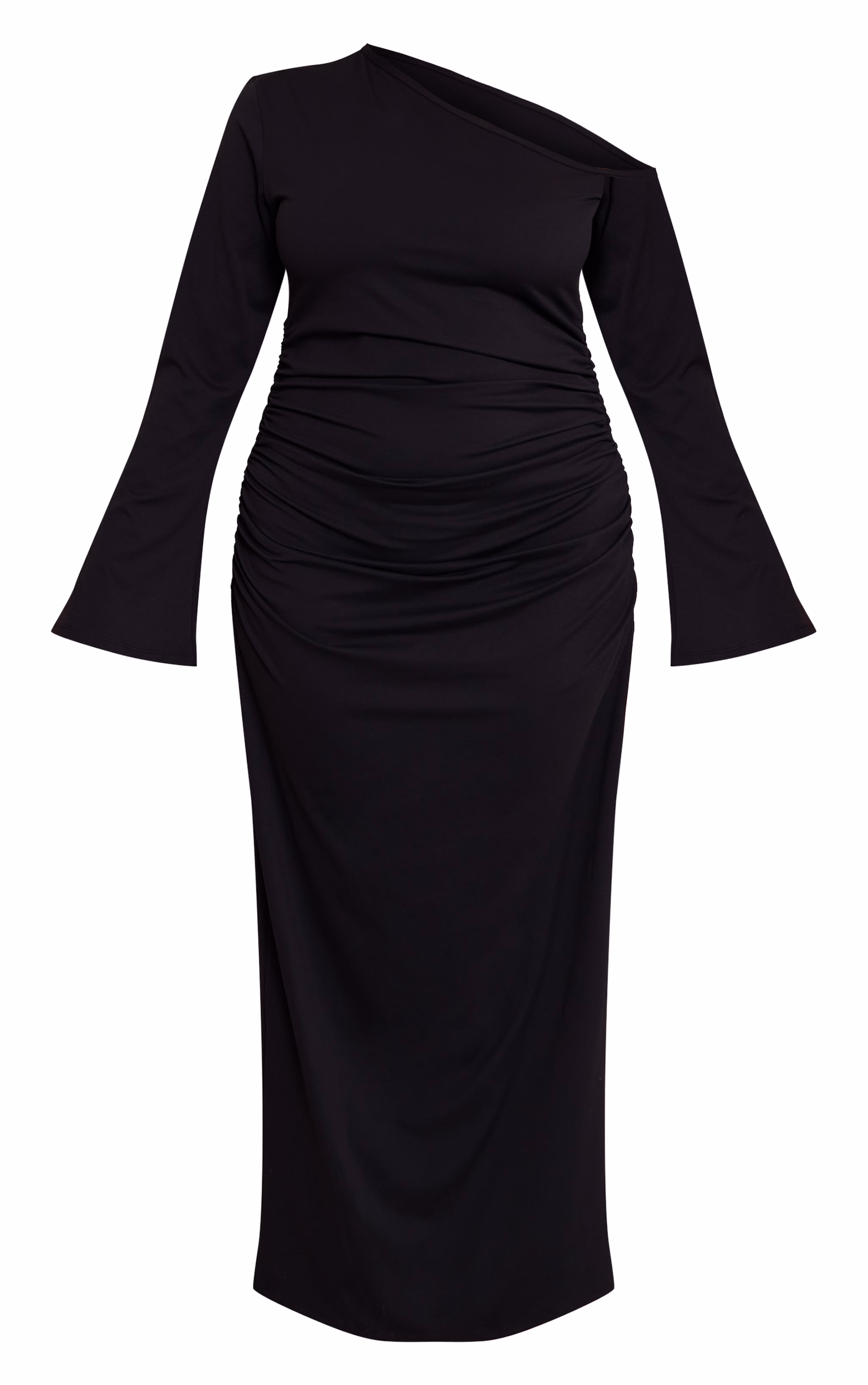 Plus Black Sculpt Bardot Ruched Side Long Sleeve Maxi Dress